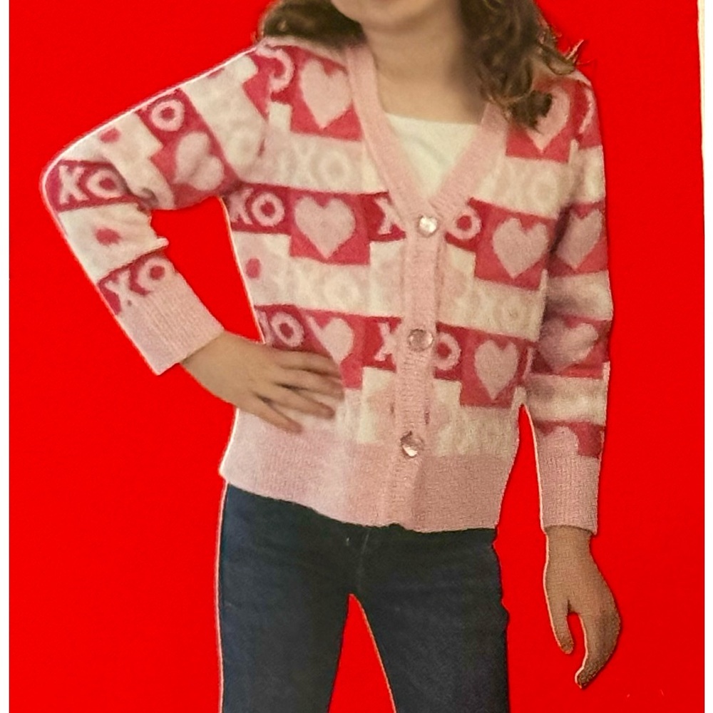Lily & Dan Pink Cardigan Sweater Button Front White XO Pink Hearts Girl’s 6 S